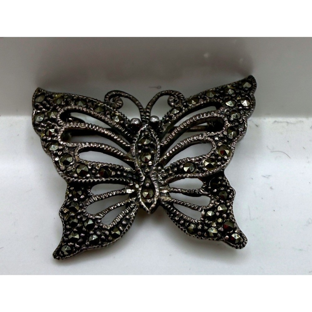 Vintage 925 Sterling Silver Marcasite Butterfly Brooch Pin Art Deco Style 5.68g